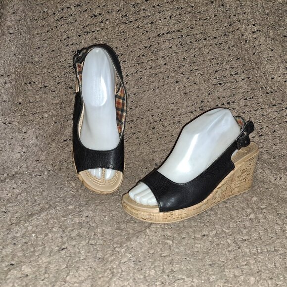 CROCS-A-Leigh Leather Open Toe Slingback Cork Wedge Sandals Black-SZ 8-Excellent - Picture 1 of 7